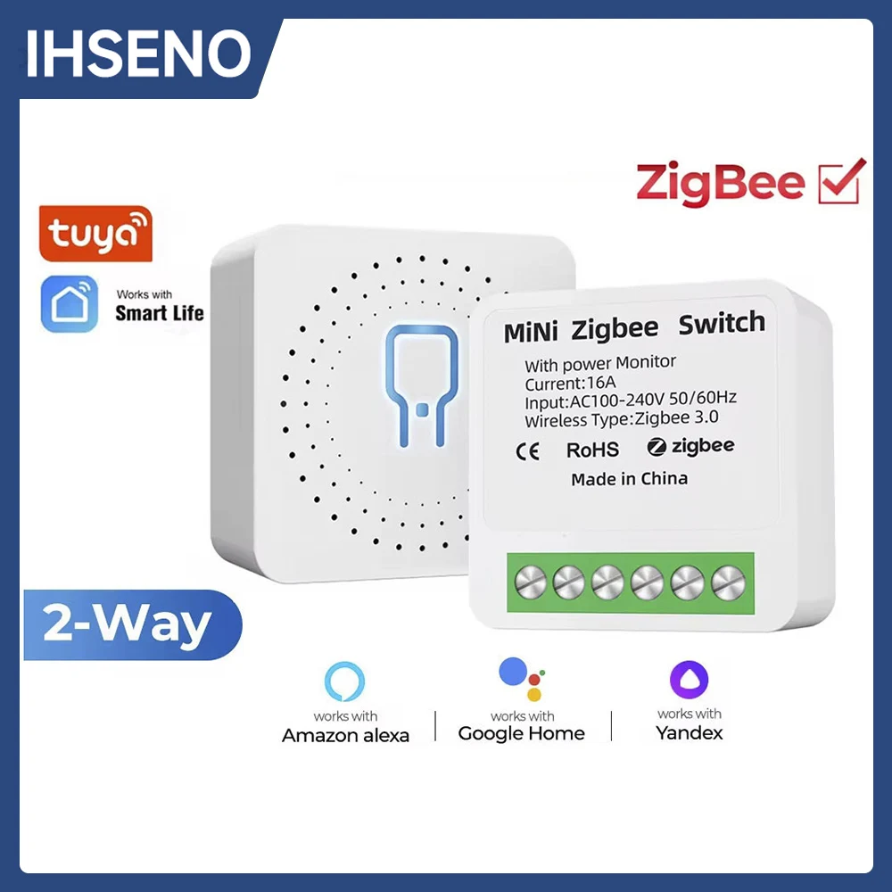 IHSENO ZigBee 16A Smart Switch Tuya Smart Home Automation Mini DIY Breaker Relay Module 2-way Control Voice Works with Alexa