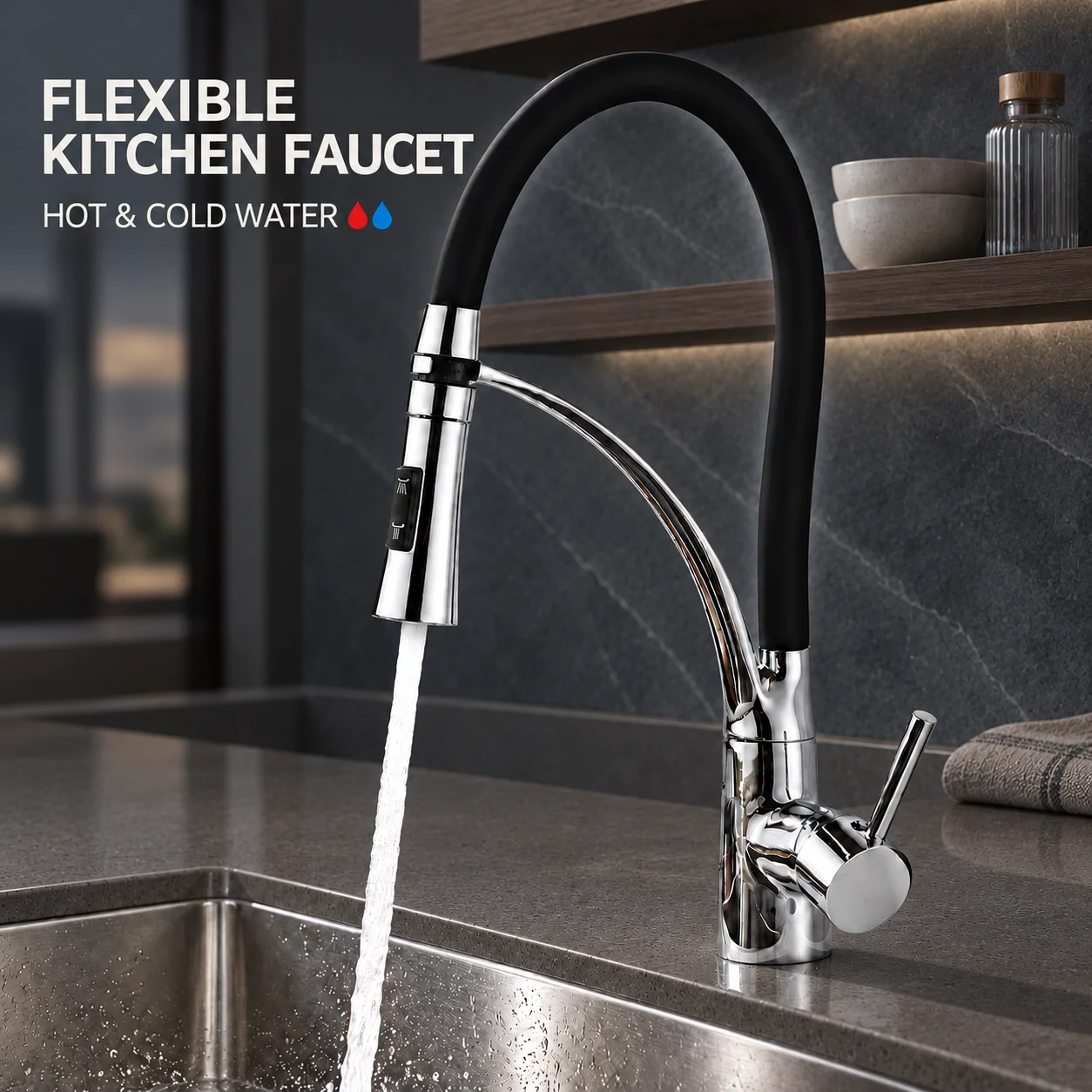 Flexible Neck Kitchen Faucet, Hot and Cold Mixer Tap, Dual Spray Mode, 360° Swivel High Arc Chrome Faucet for Kitchen Sink