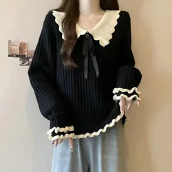Bow Sweet Sweater Women Wave Edible Tree Fungus Patchwork Loose Knit Pullover Jk Pretty Style Straight Female Jumpers