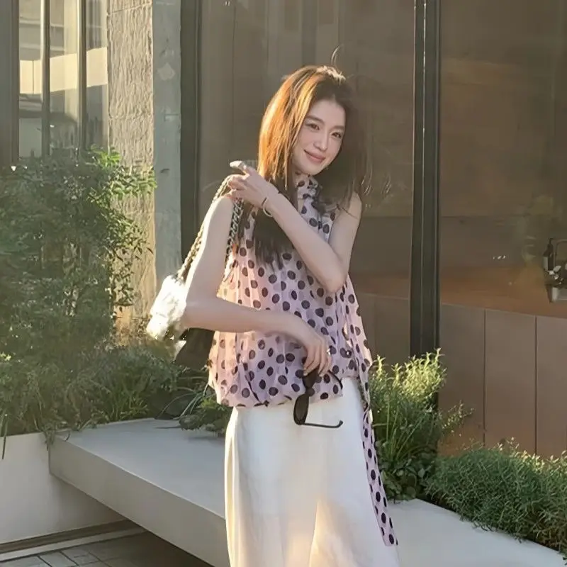 Damska Odzież Letnia Moda Koreańska Kropka Jednolity Kolor Dekolt V Damska Uniwersalna Modna Wyszczuplająca Bez Rękawów Top na Ramiączkach