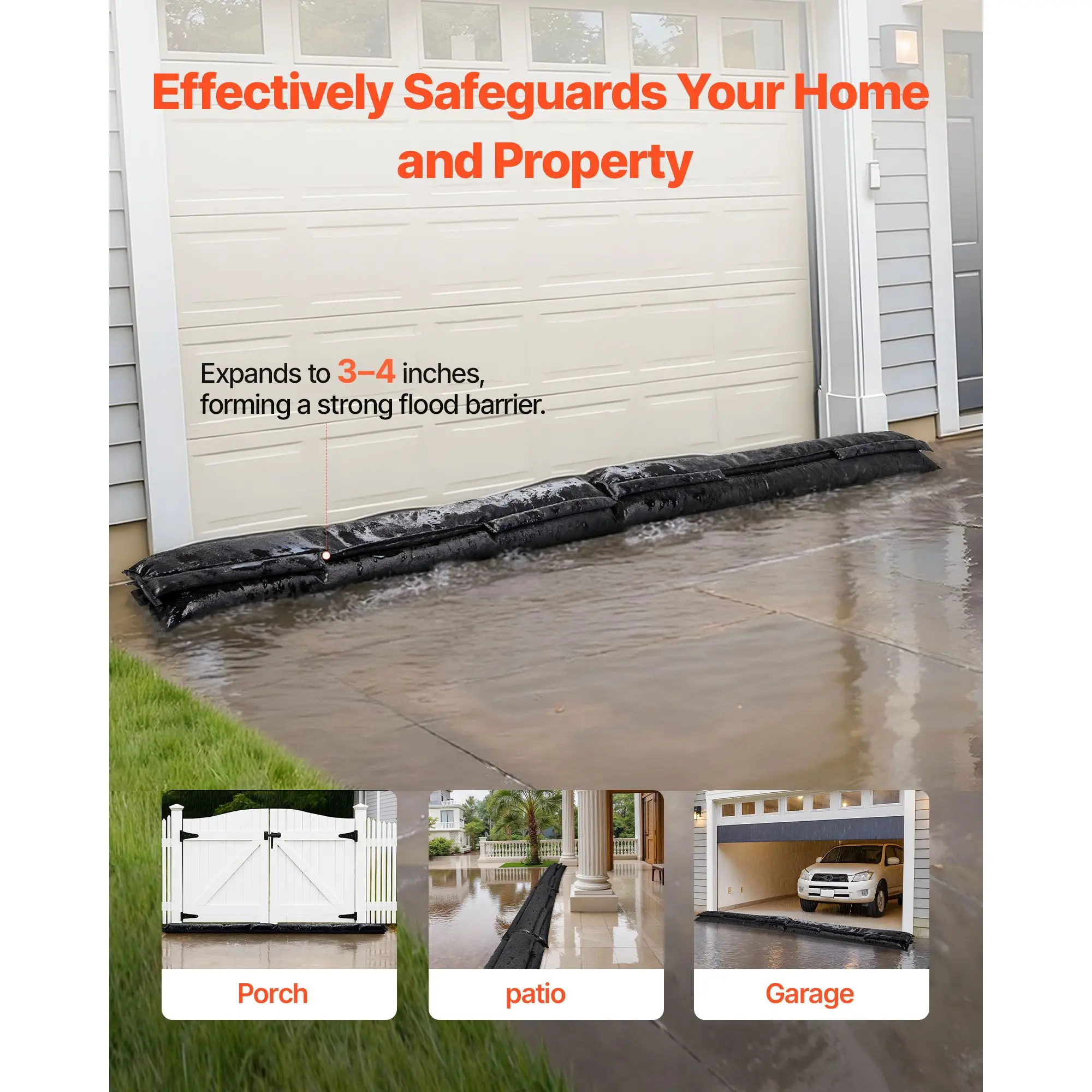Flood Barrier, 10 Pack, 5 X 0.7 Ft Flood Bags with Bucket, Reusable Water Absorbent Barrier Activated by Water, Sandless