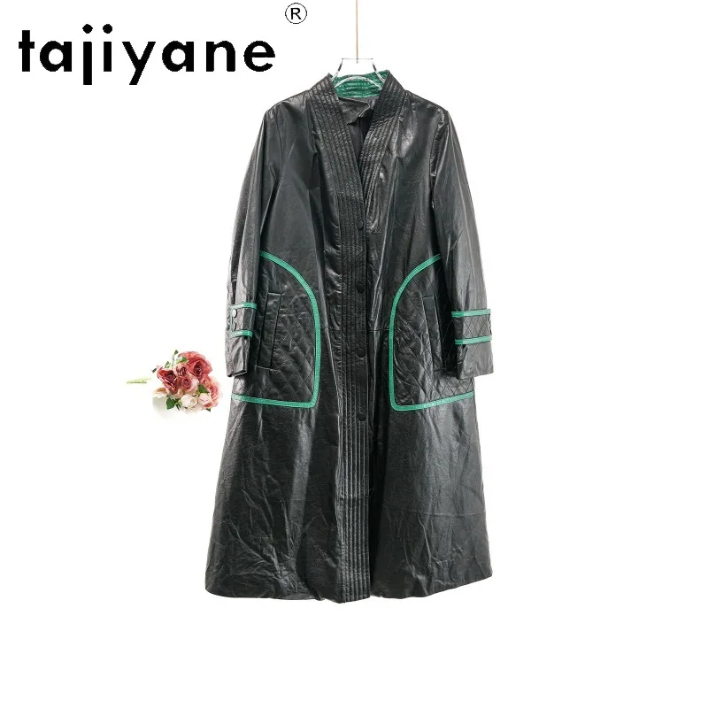 TAJIYANE 100% Top Layer Cowhide Real Leather Jacket Woman Green Piping Puffer Jacket for Woman Long Leather Overcoat 108cm 가죽자켓