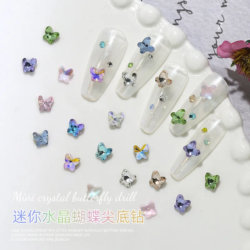 30PCS Super Flash 3D Colorful 5mm Mini Butterfly Sharp Diamond Glass Nail Art Rhinestones Decorations Manicure Glitter Ornaments