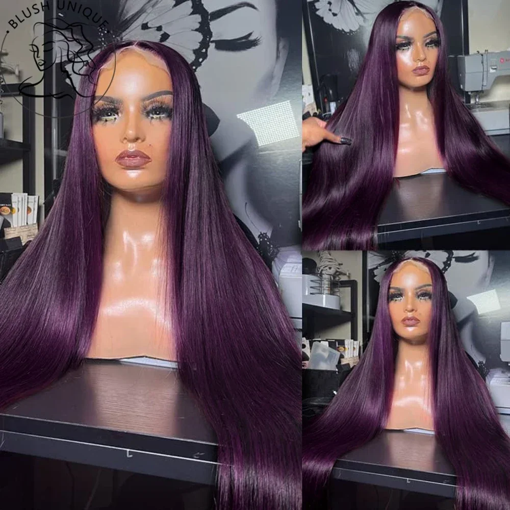 Dark Burgundy Straight Lace Front Wigs HD Transparent Straight Lace Frontal Wigs Deep Purple Pre Plucked Synthetic Glueless Wigs