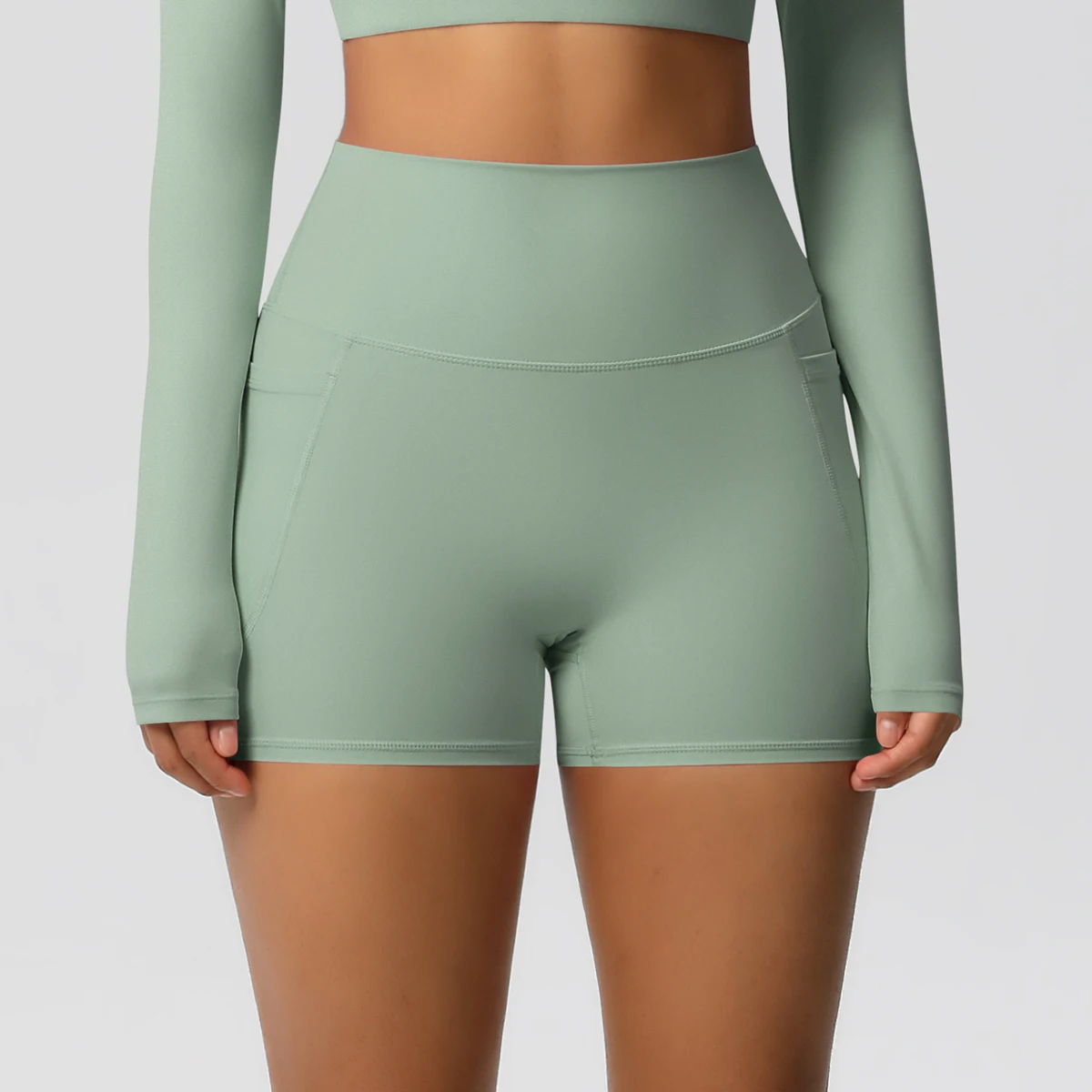 Einfarbige Yogahose mit Taschen, schnell trocknend, hohe Taille, für Fitnessstudio, Push-Up-Yoga-Shorts für Damen, atmungsaktiv, Workout, Fitness, kurz – Detail 19