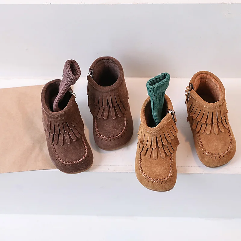 Claladoudou Suede Leather Ankle Boots For Toddler Girls,Solid Camel Brown Tassel Fashion Boots For Kids Woman,Thin Velvet Shoes