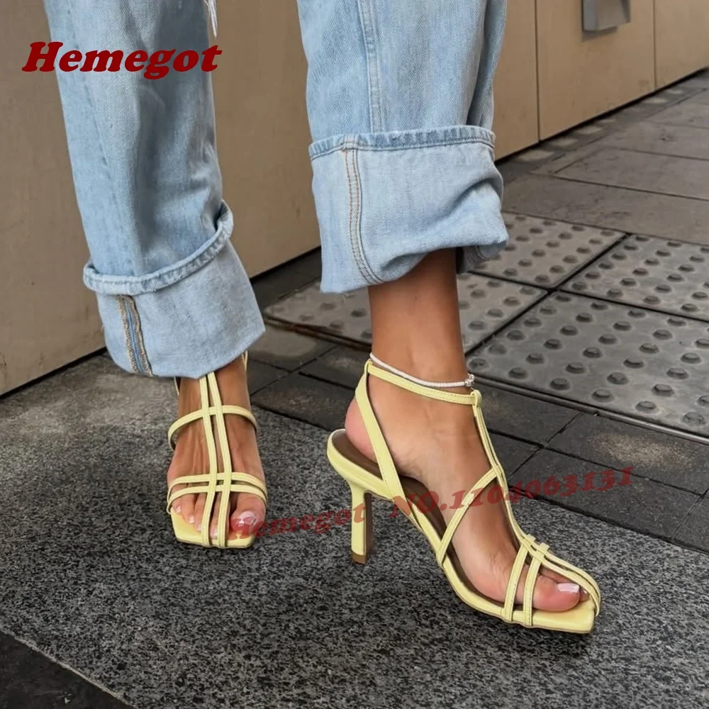 

Yellow T-Strap Multi-Strap Sandals Square Toe Stiletto Heels Women's Sandals Cut Out Slingback Buckled Runway Shoes Sexy Solid