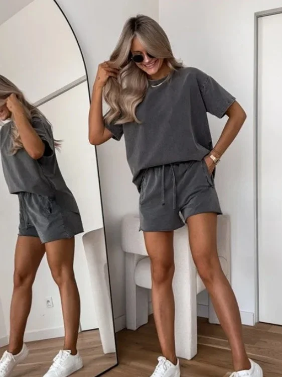 

Женская повседневная футболка и брюки ort Sve Pure Color, удобный дышащий летний наряд, костюм из двух предметов, круглый Ne