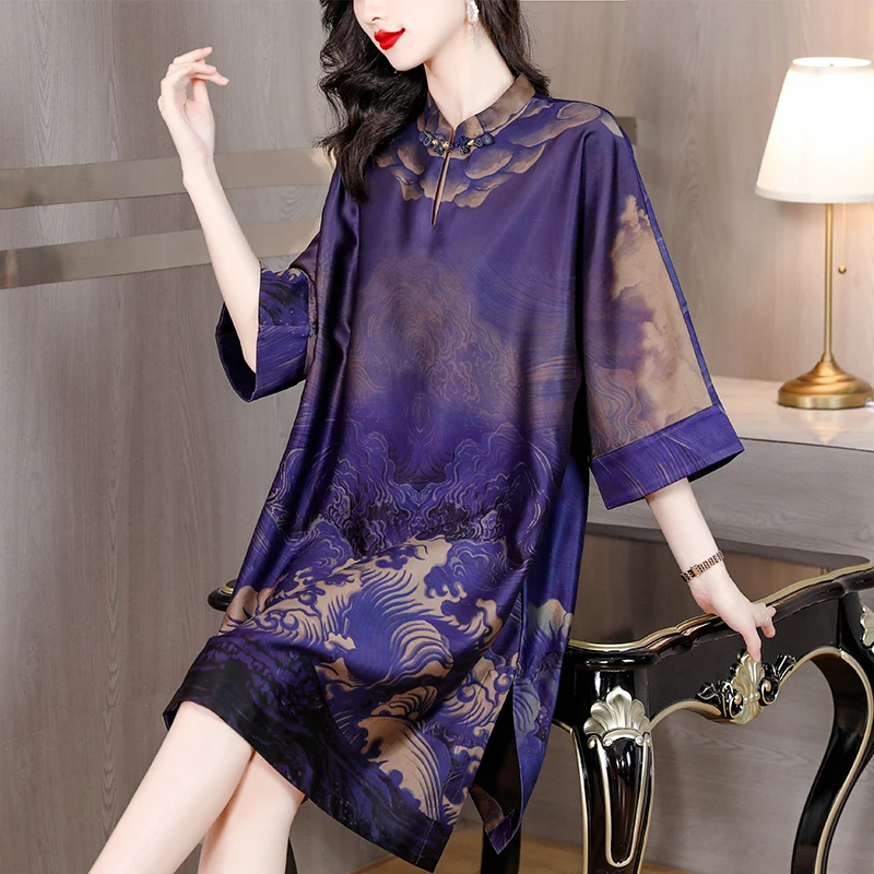 2023 Summer New Silk Vintage Print Dress Women's Purple Silk Short Sleeve Cheongsam Dress Loose Oversized Long Dress