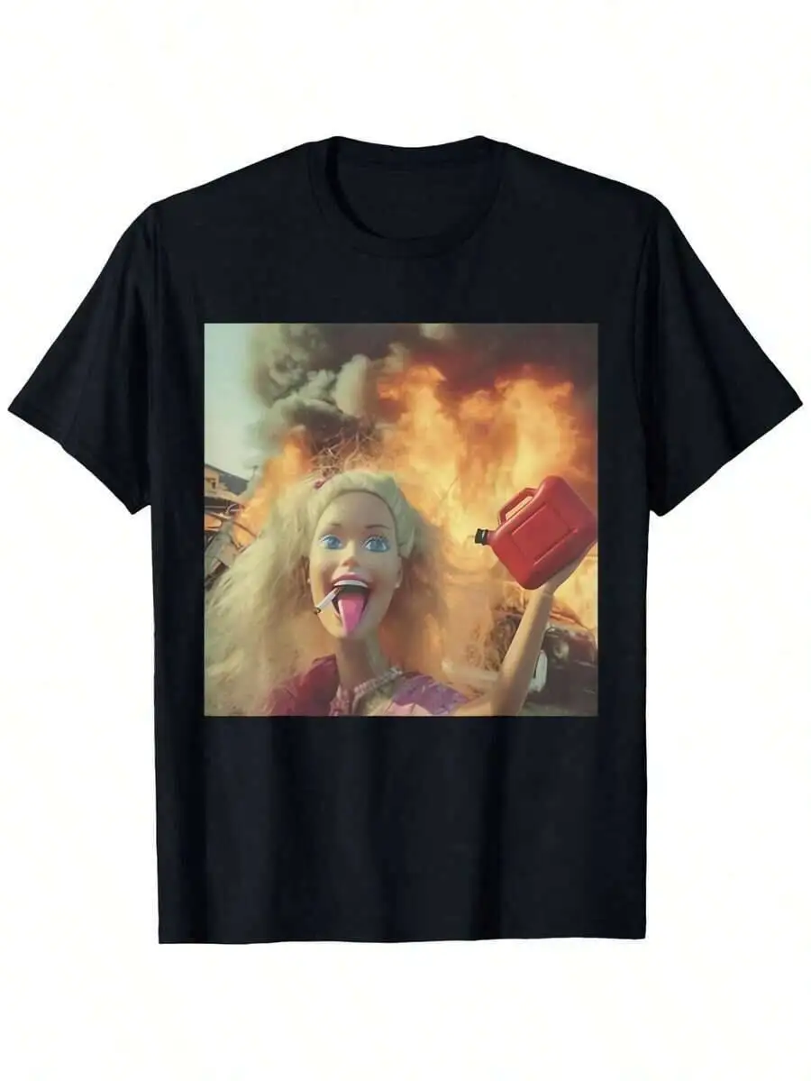 Printed Plus Size Men's Clothing, Funny T-Shirt Suitable - Smocking Fire Meme With Iconic Doll Face Print, Loose Fit 100% Cotton
