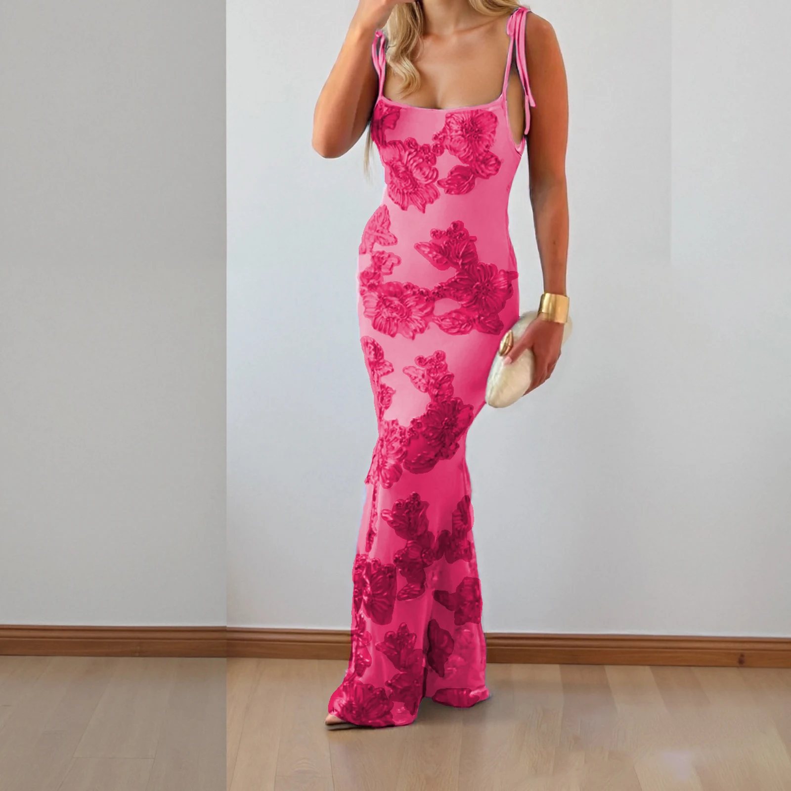 Women Sleeveless Low Cut Tie Up Flower Print Party Beach Dress Summer Fashion Long Cami Dresses Blue/White/Rose Red