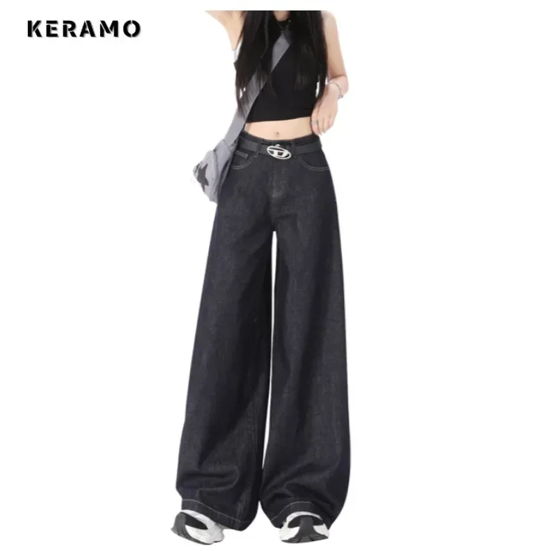 Women's Casual Retro Wide Leg Emo Denim Trouser Harajuku Solid High Waist Loose Jeans 2024 Summer American Vintage Baggy Pants