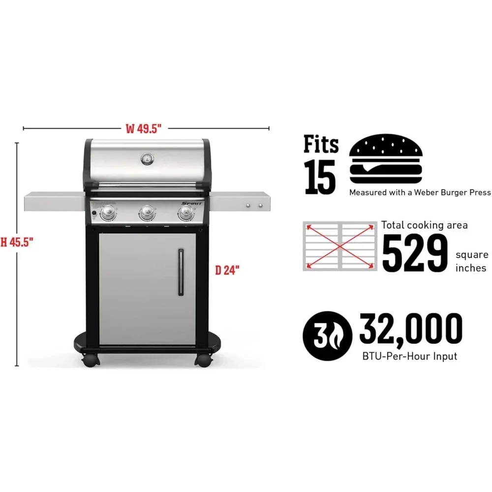 Spirit S-315 Liquid Propane Gas Grill, Stainless Steel, Creates for An Easy Clean Up, BBQ Grills