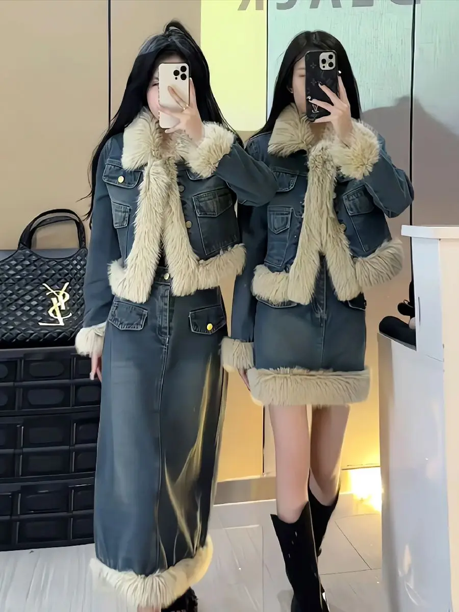 Denim suit women\'s new winter style small fragrance thickened plush short jacket + high waist long and short skirt two-piece set