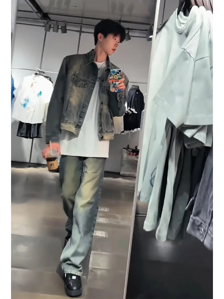 

Мужские винтажные джинсы Cleanfit из денима, прямые, с легким расклешением, молодежные, модные, с высокой талией, длинные брюки, американский стиль