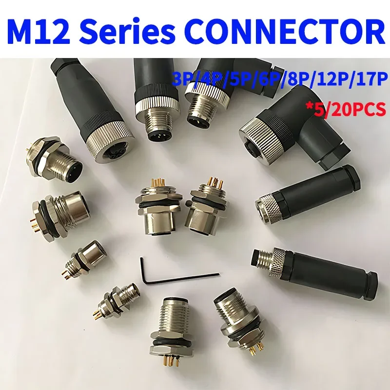5/20 PCS M12 12MM Connector 4P 5P 6P 8P 12P Male Female Solderless Plug Aviation Socket Screw Sensor Connector Straight/Elbow
