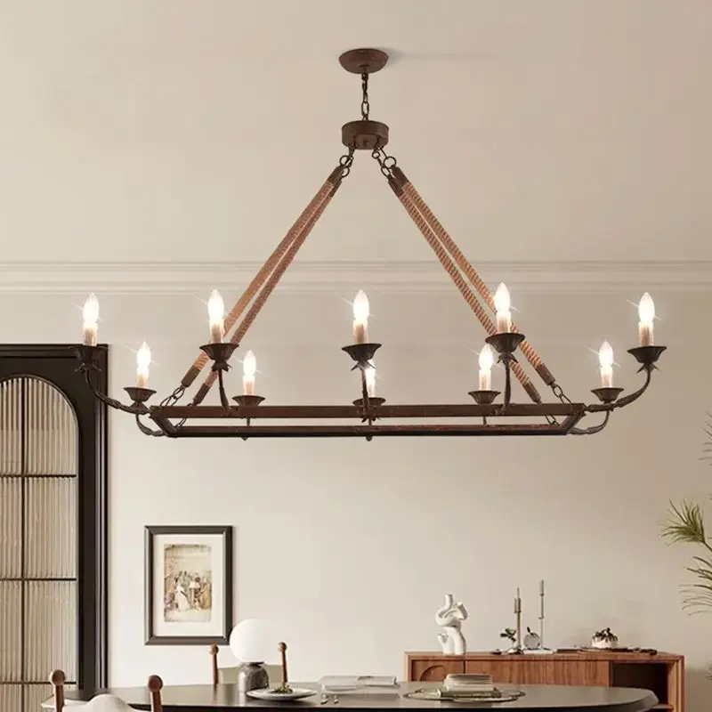 

French Vintage Rectangular Pendant Light Industrial Style Restaurant Chandelier with Hemp Rope