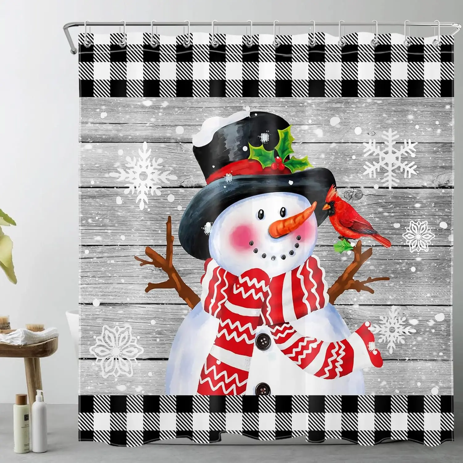 

Christmas Snowman Shower Curtain for Bathroom,Winter Holiday Cardinals and Snowflakes on Rustic Grey Wood Boards Checkered Plaid