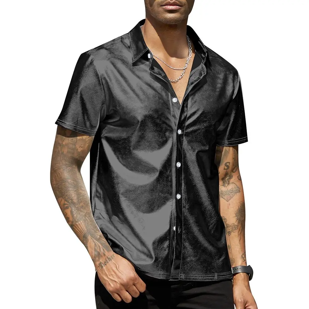 

Nightclub Men Tops Male Party Regular Short Sleeved Solid Color Bright Shirt Fashion Lapel Holiday Comfortable