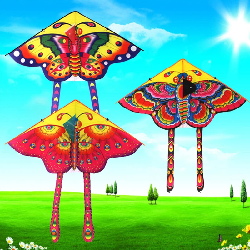 1Set Outdoor Colorful Butterfly Printed Long Tail Kite Outdoor Kite Toy With Handle Line For Children Kids Play Game Toy 90*50cm