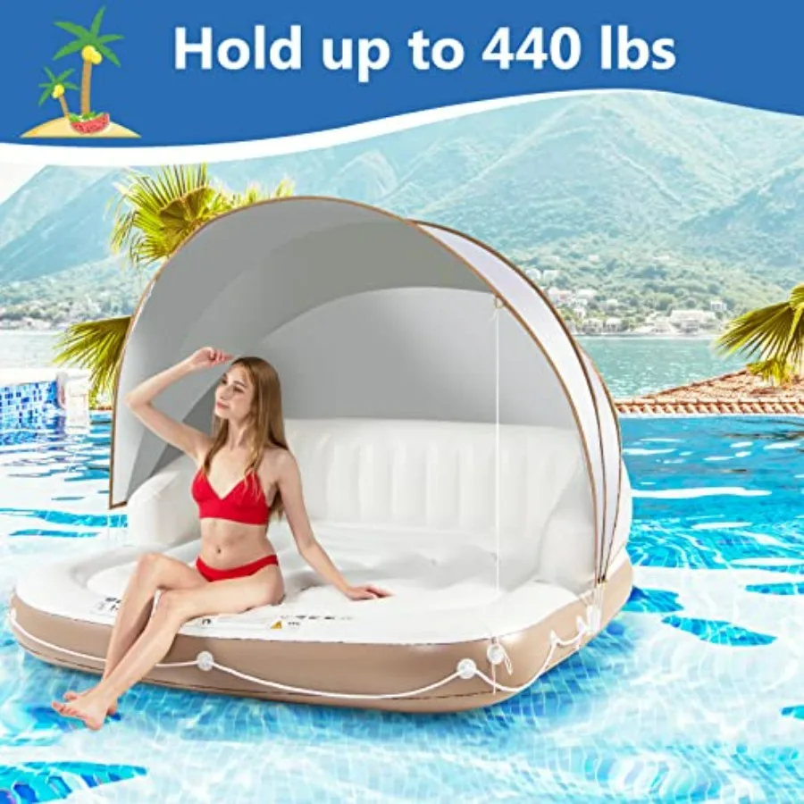 Inflatable Pool Float for Adults, Heavy Duty PVC with UPF50+ Retractable Sunshade, Blue, Ergonomic Backrest Armrest, 2 Cup Hold