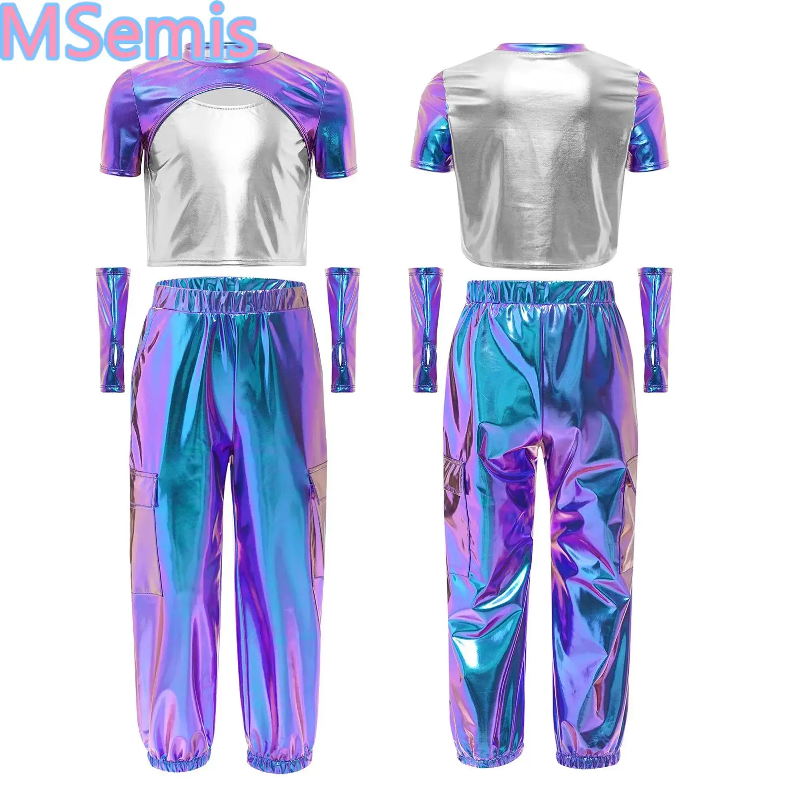 

Kids Girls Hip-Hop Jazz Dance Outfit Short Sleeve Cutout Front Color Block Metallic Top with Gloves And Shiny Cargo Pants