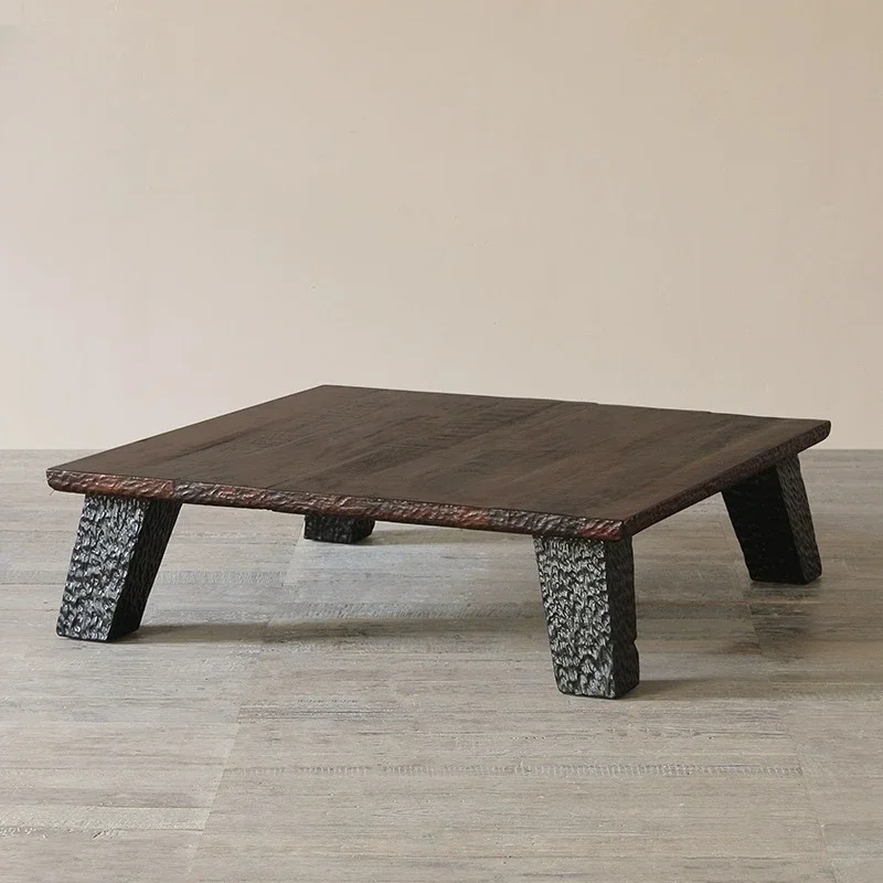 wabi-sabi black solid wood relief square coffee table, Japanese antique replica retro old wood coffee table, low table