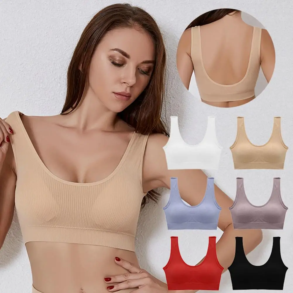 

Wide Shoulder Straps U-Shape Beauty Back Padded Wireless Sport Bra Women Solid Color Ribbed Vest Backless Bralette Lingerie