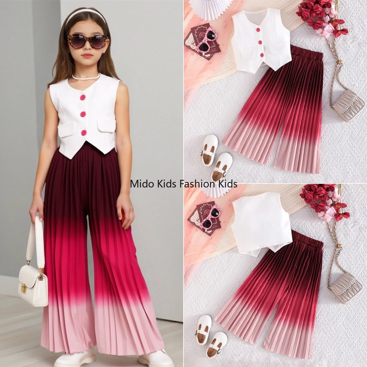 Summer Fashion Toddler Girls' Set Sleeveless Blazer Vest Gradient Wide-Leg Pants Sweet Casual Outfit for 2-7Y