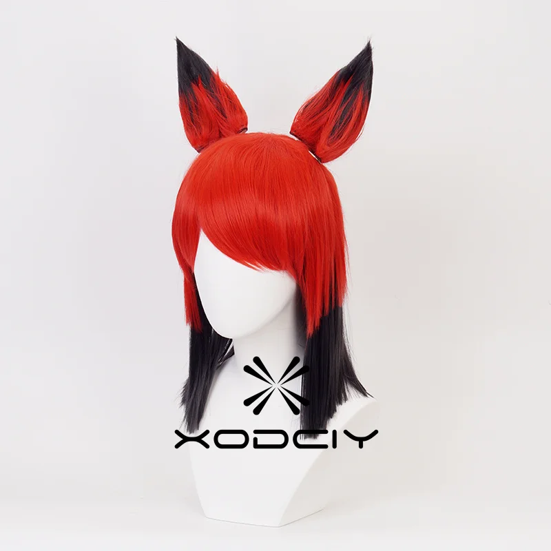 Alastor Cosplay Wig Red Black Heat Resistant Synthetic Hair Anime Cosplay Wigs with Ears + Wig Cap