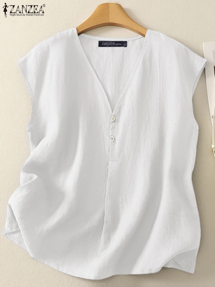 ZANZEA قطع علوية كلاسيكية للسيدات صيفية كاميس مثيرة بدون أكمام بلون سادة تي شيرت موضة 2025 بلوزات فضفاضة غير رسمية على شكل حرف v
