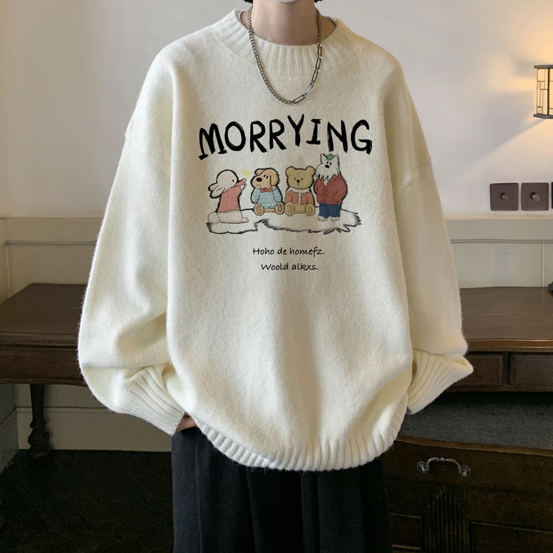 

Thiened Fce round Ne Knitted Sweater Cartoon Print Teenage Faion Boys Clothes Warm Casual Long Sve Winter Top