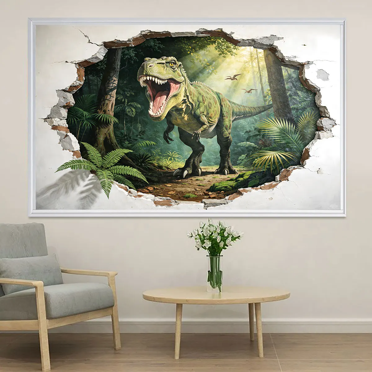 PVC simulated wall stickers with effect of breaking through walls, featuring dinosaur and jungle-themed murals for decoration