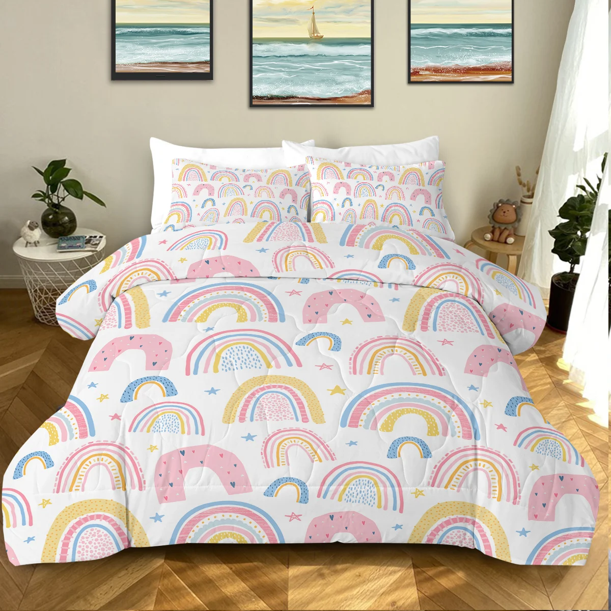 3 Piece Lovely Cartoon Rainbow Design Comforter Set Pink Rainbows Printed Quilt Set Suitable for Girls Teens Women Home Decor