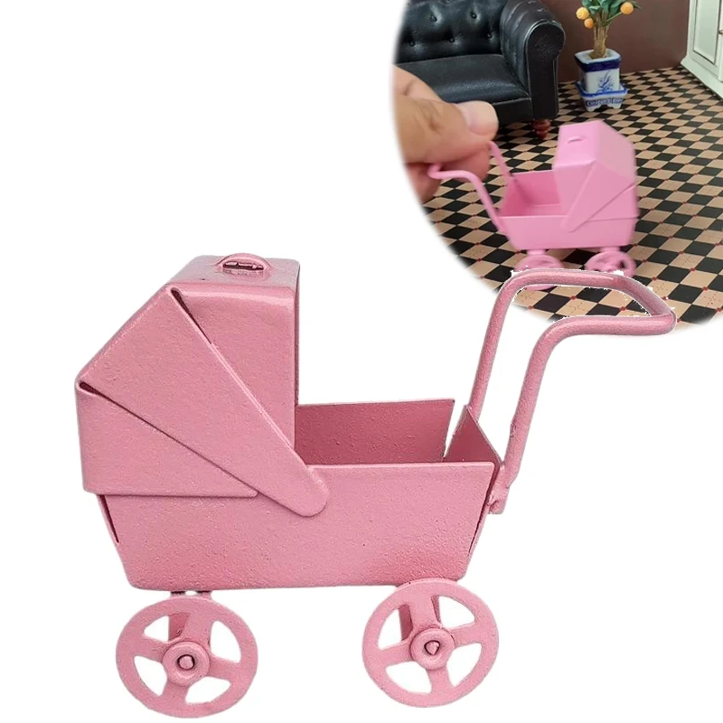 1:12 Dollhouse Miniature Pink Baby Stroller Model Wheels Can Turn Doll House Decor Accessories Kids Pretend Play Toys DIY Gifts