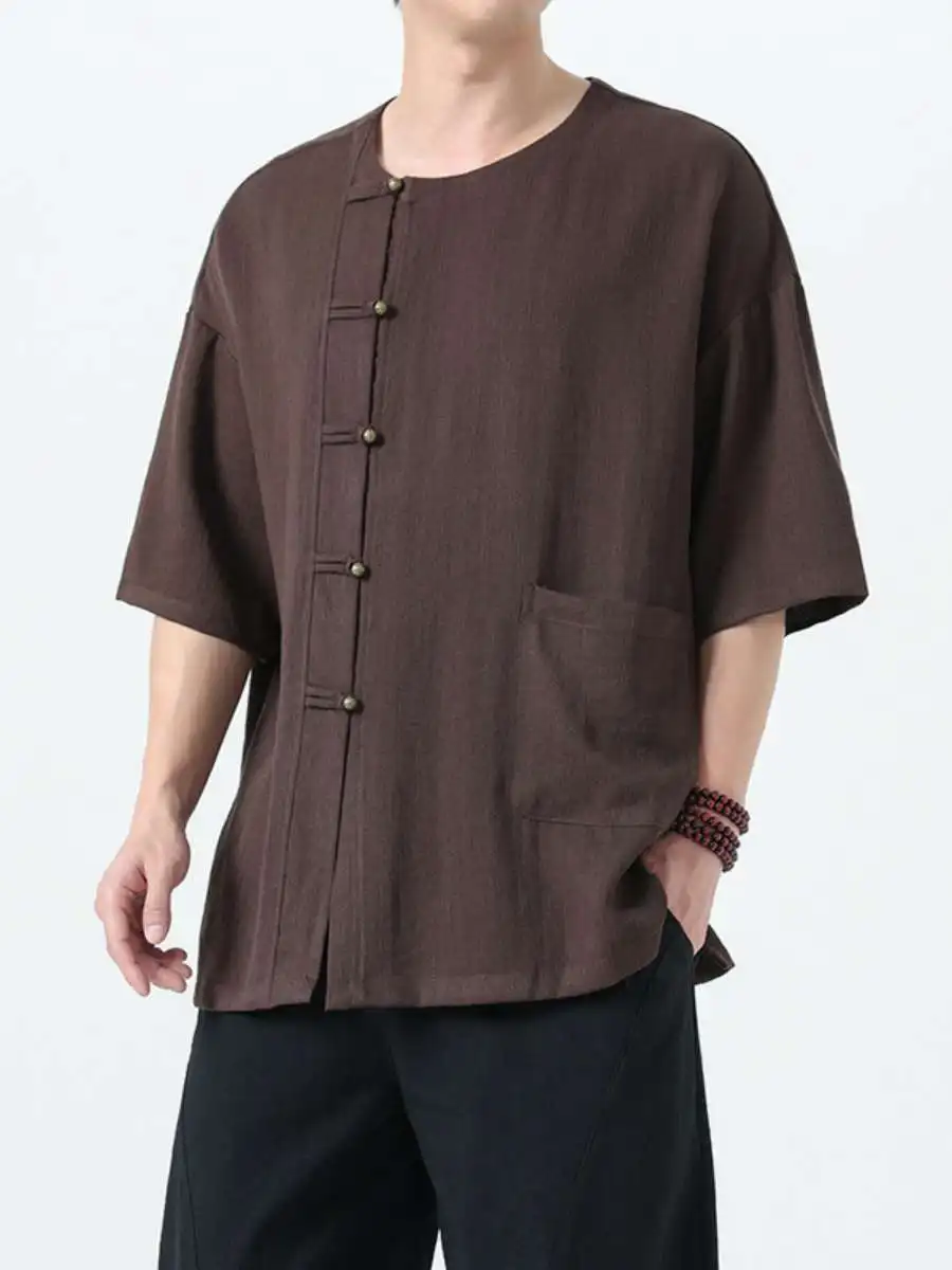 

New Large Size Men's T-irt Qing Dynas Sle ort Sve Copper Buttoned Traditional Chinese Top Casual Summer Faion