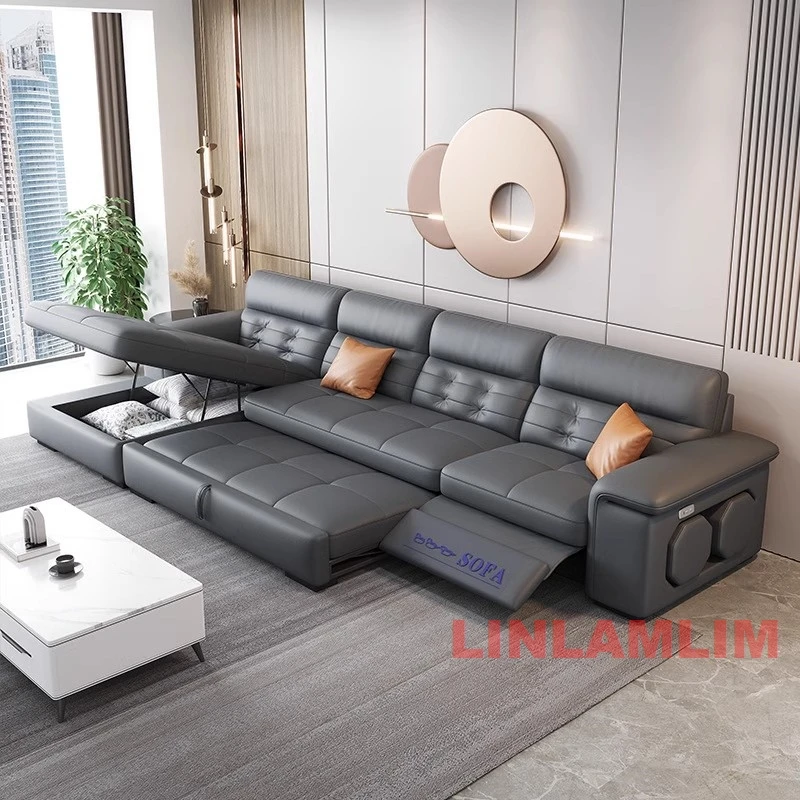 MINGDIBAO Sectional Sofa Bed with Storage, Genuine Leather Reclining Couch, Living Room Space-Saving Convertible Sleeper Sofa