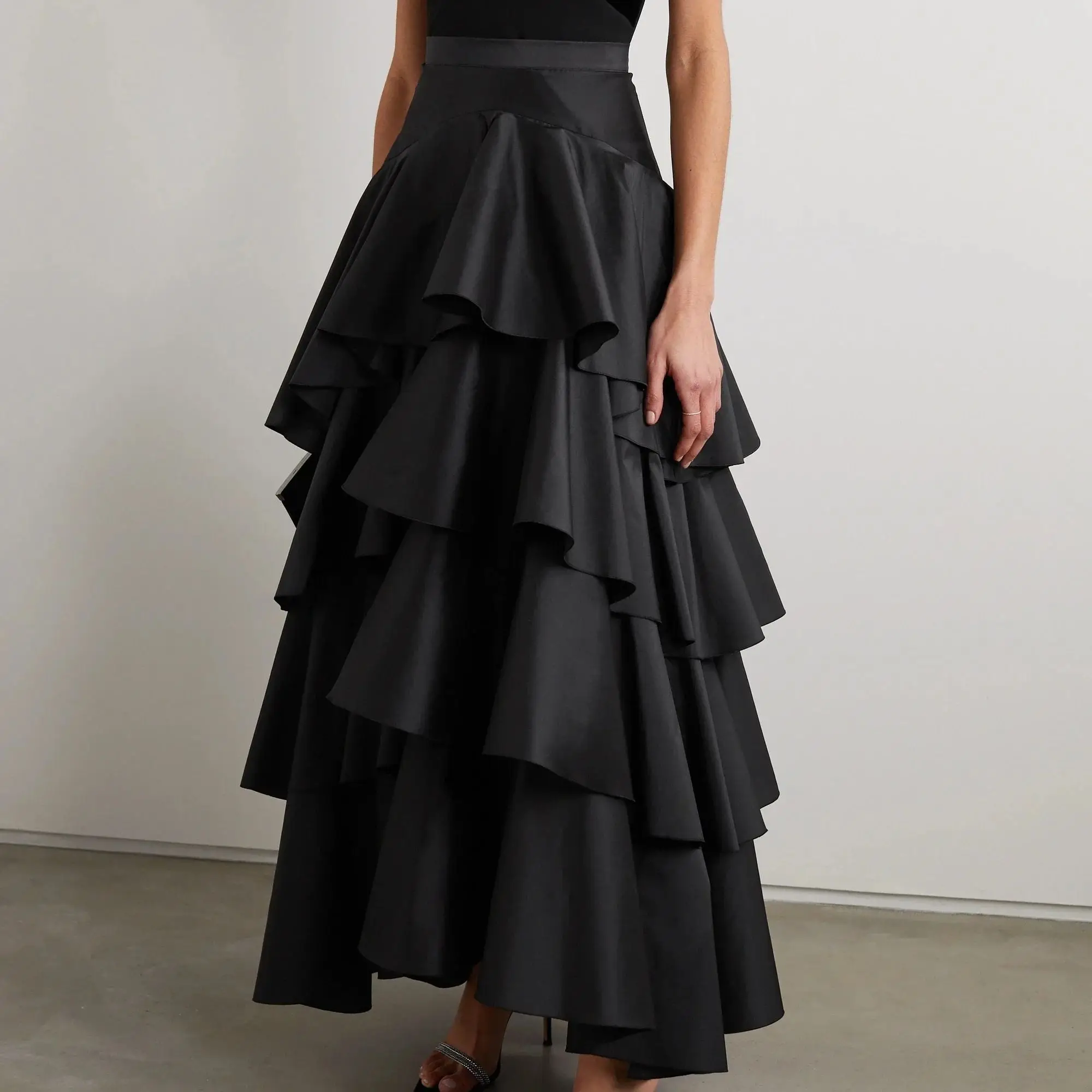 

Layered Satin Skirt High Waist Skirts Tiered Ruffled Taffeta Maxi Skirt Ankle Length Midi Long Skirt Black Silk Skirt Any Color