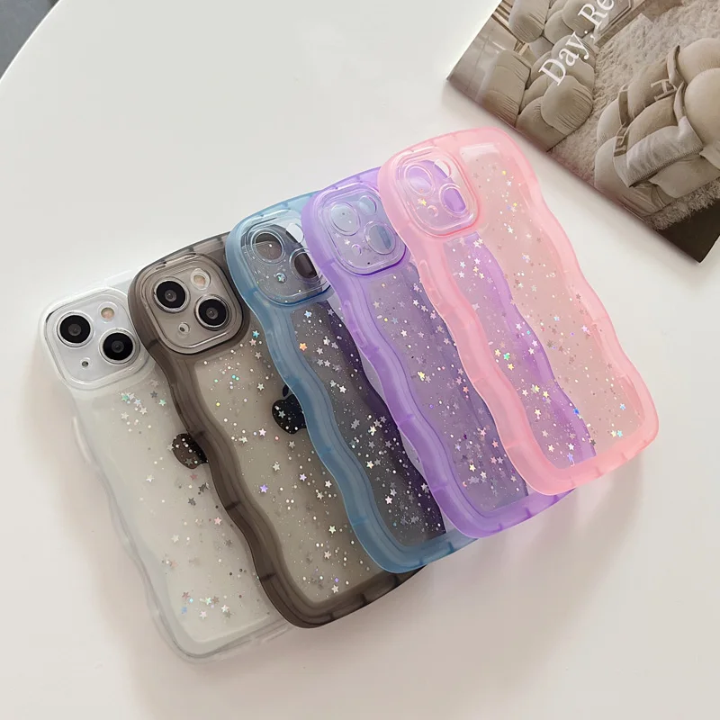 Wave Shape Drip Glue Star Pattern Phone Case For iPhone 15 14 13 11 12 Pro Max X XR XS Max 7 8 Plus Transparent TPU Soft Cover