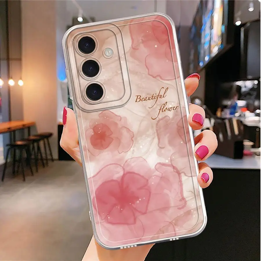 Phone Case for Samsung Galaxy A50 A51 A54 A50 A03 A31 A02 A55 A71 A04 A56 A52 A73 A06 A72 A05 A53 Clear Cover Ink-wash Flower