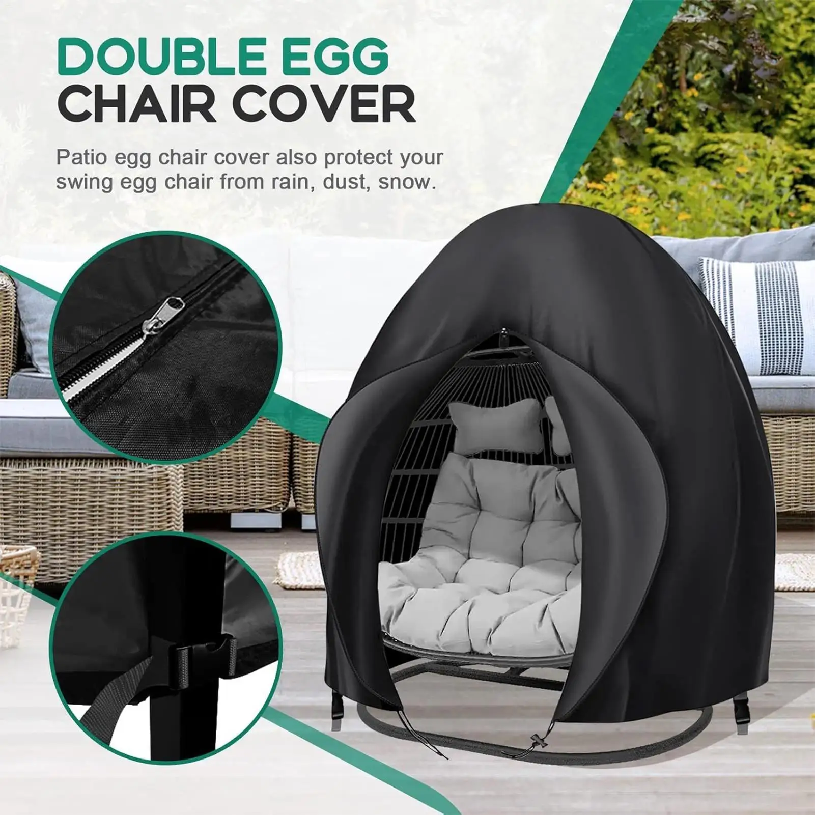 210D Oxford Waterproof Patio Hanging Egg Chair Cover with Zipper Heavy Duty UV Resistant Outdoor Double Swing Seat Covers