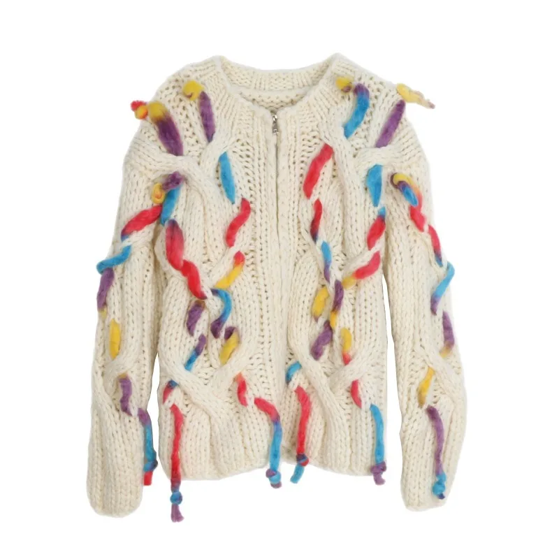 

Zipper-up Knitted Cardigan with Rainbow Colors Ribbons Crew Neck Jacket Sweater Women Hand Hook Twist Knitted Cardigan Mujer