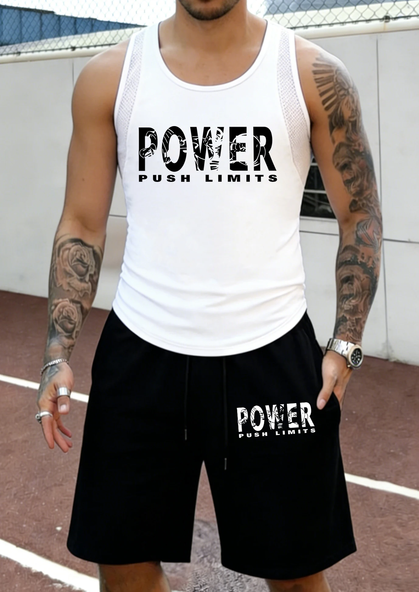 Power Push Limits Pattern Summer Fitness Mesh Vest Set Man Classic Pocket Shorts Quick Dry Running Sportswear Sport Short Pants