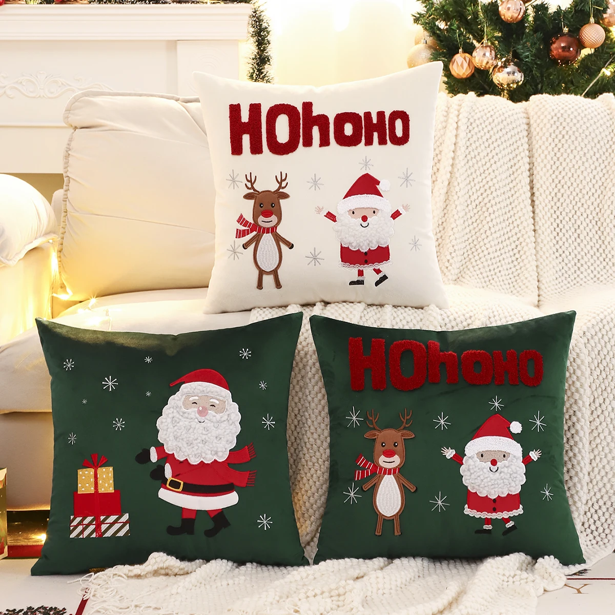 1PC Weihnachten Hirsch Dekokissenbezug Samt Stickerei Schneemann Weihnachtsdekoration Wohnzimmer