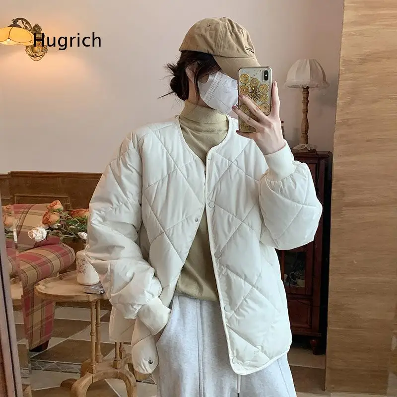 Autumn Winter New Arrival Down Cotton Jacket Women Short Lightweight Collarless Diamond Quilted Cotton Padded Casual Loose Oute