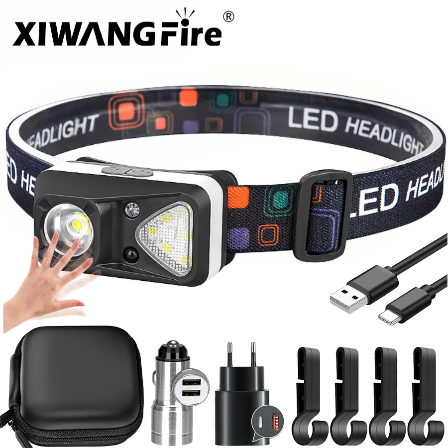 

XIWANGFIRE Induction Headlight Dual Light Source Powerful Lamp TYPE-C Charging Outdoor Portable Mini Red Light Warning Light