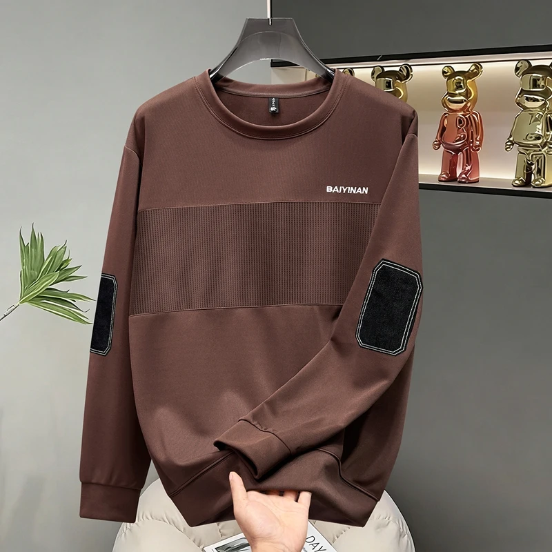 Plus Size Men Autumn Sweatshirt Embroidered Lettering Spliced Design Trendy Patchwork Color Block Crew Neck Casual Top170kg 10XL