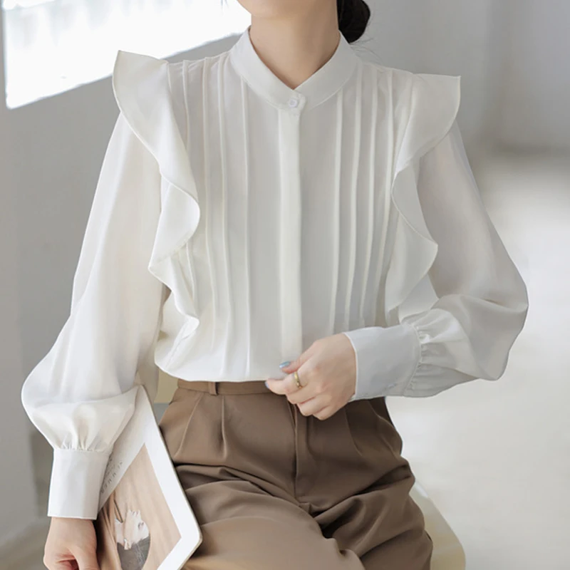 

Casual Long Sleeve Stand Collar Women Shirt Ruffles Chiffon Shirt Blouse Women Tops Blusas Para Mujer Camisas Shirts Blusa H332