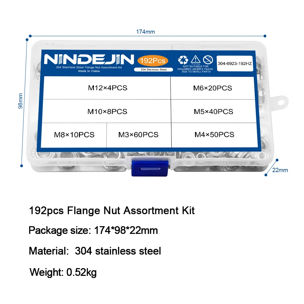 NINDEJIN-Kit de sortimento de porcas de flange hexagonal, aço inoxidável Metric Flange Nuts Set, M3, M4, M5, M6, M8, M10, M12, DIN6923, 192 peças