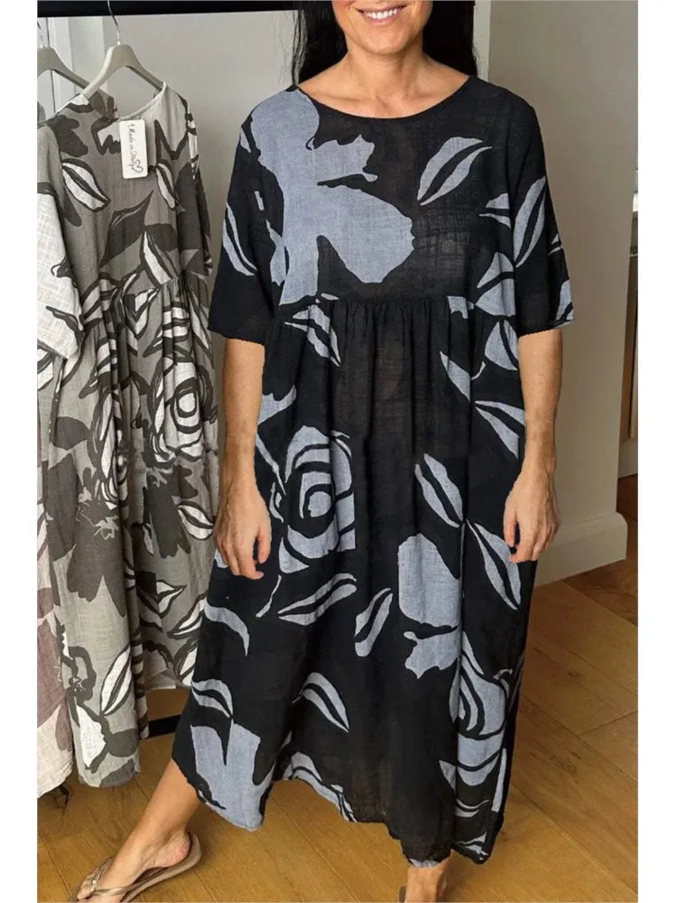 فساتين صيفية جديدة مطبوعة بألوان جديدة لعام 2025 مع فستان فضفاض غير رسمي وعصري متوسط الطول فوق الركبة